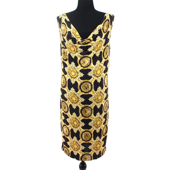 Versace Jeans Black Gold Design Draping Neckline Sleeveless Shift Dress Size 48 - Picture 1 of 8